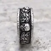 Handcrafted 925 Sterling Silver Skull and Roses Ring - Gothic Hammered Band