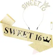 Canitor Sweet 16 Birthday Crown Tiara and Sash with Pin 16th Sweet 16 Party Decorations Sweet 16 Gifts for Girls