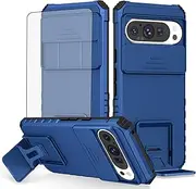 [Asuwish] Phone Case for Google Pixel 9/9 Pro 5G with Tempered Glass Screen Protector and Slide Camera Cover Kickstand Stand Shockproof Soft Slim TPU Cell Accessories Pixel9 9Pro Nine Women Men Blue