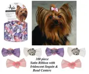 100pc GLITTERING PIXIE SEQUIN&BEAD CENTER SATIN RIBBON BOWS w/Band DOG Grooming