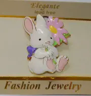 Easter Bunny w Pink Flower Pin and/or Pendent / Gold-tone / Spring Jewelry / NWT