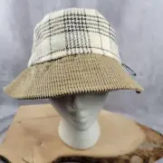 David And Young Corduroy Bucket Hat Brown Tan Cream Plaid 54976 100% Cotton Tag
