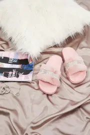 Pink Diamante Faux Fur Fluffy Slides