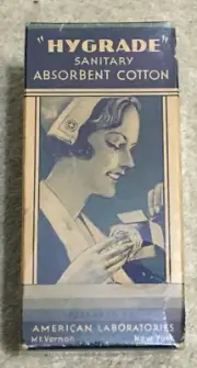 Vtg c1930s Hygrade brand Box Sanitary Cotton, Nurse, American Labs, Mt Vernon NY
