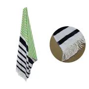 Rainbow Striped Fringe Cotton Beach Towel Green/Navy by Onkaparinga
