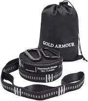 Gold Armour Hammock Straps XL, Camping Hammock Tree Straps Set (2 Straps, 2 Carabiners, Carrying Bag), 20 ft Long Combined, 36 Loops, Must Have Accessories & Gear (Black with White Stitching)
