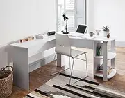 Advwin L-Shaped Computer Desk with Storage Shelf 140cm Wooden Workstation Writing Table Modern Office Desks for Study Work from Home, White