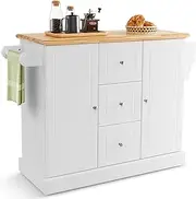 Costway Large Mobile Kitchen Island Cart, Kitchen Island on Hidden Wheels, Rubber Wood Countertop, 3 Deep Drawers, 2 Enclosed Cabinets with Adjustable Shelves, Side Towel Bar & Spice Rack (White)
