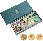 UPAUS Wax Seal Stamp Kit, Vintage Complete Wax Seal Kit with 2 Bottles Wax Beads, 3 Wax Stamp Heads, Gemstone Handle, Spoon, Golden Pen and Candle, For Invitations, Envelopes, Wrapping (Golden Purple)