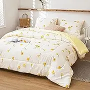 Bedorm Bedding Comforter Set - Floral Plaid Reversible Comforter - Queen Size - Light Yellow Flowers Pattern - Cute Botanical Bed Set
