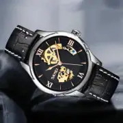 Waterproof Men's Automatic Mechanical Skeleton Watch with Leather Strap
