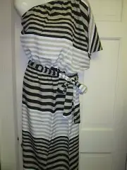 Mud Pie Flutter Sleeve Maxi Dress, Black Tan Striped, Med, NWT