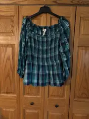 NWT St John's Bay Top Women's Size 3X Blue Plaid Pullover Top (Smocked Neckline)