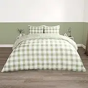 OHS King Sized Check Duvet Set with Pillowcases, Check Bedding Set Super Soft Microfibre Plaid Tartan Luxury Decorative Breathable Duvet, Sage Green & White