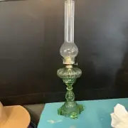 Antique Green Depression Glass Oil Lamp 20” With Wick- NOT URANIUM
