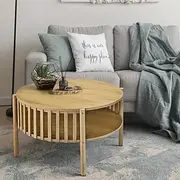 Furb Round Wooden Coffee Table with Slatted Design – Mid-Century Modern Style, Natural Finish, Tea Table for Living Room