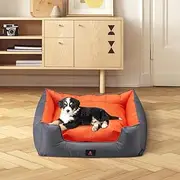 Petzly Orthopedic Dog Bed, Waterproof Dog Bed for Small Medium Size Dog, Indestructible Dog Sofa Bed with Removeable Pillow, Supportive Foam Pet Couch Bed, Orange, M