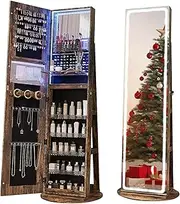 CHARMAID Swivel LED Mirror Jewelry Cabinet Armoire, Full Length Mirror with Storage, 3 Color & Adjustable Lights, Lockable Standing Jewelry Organizer with Lighted Mirror (Rustic Brown)