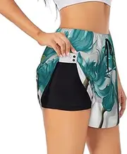 [WURTON] Teal Grey and White Floral Print Exercise Gym Workout Shorts Women's Athletic Shorts Dual-Layered Yoga Running Shorts