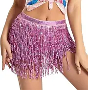 [Generic] Women Belly Dance Tassel Skirt Boho Sequin Fringe Wrap Skirts Sparkly Hip Scarf Skirt Festival Party Rave Costume