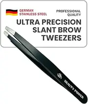 Beauty Power Professional Tweezers - Slant, Durable Lightweight German Stainless Steel, Ultra Precision Tweezers for Eyebrows, Facial Hair, Chin, and Ingrown Hair Removal (Matte Black)