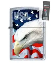 Zippo 3021 USA Flag and Eagle Street Chrome Finish Lighter + FLINT PACK