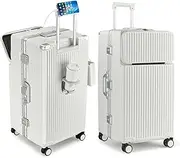 [feilario] Super Large Captain Aluminum Frame Hardside Spinner Wheels Luggage, Zipperless Checked Suitcase with Cup Holder/Phone Holder, Pro-White, 30in, Normal