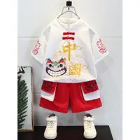 在飛比找ETMall東森購物網優惠-兒童漢服中國風夏裝男童短袖套裝薄款女寶寶表演服棉麻唐裝古裝潮