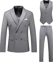 [Zylphorix] Mens 3 Piece Jacket Vest Pants Set Double Breasted No Tie Suits Two Buttons Slim Fit Wedding Sets