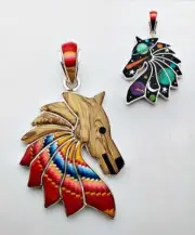 PERFECT CELESTIAL SUN MOON STARS MULTICOLOR INLAY .925 SILVER HORSE PENDANT