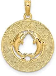 [JewelryWeb] 14ct Gold Jamaica Round Frame With Dolphins In Center Charm Pendant Necklace 24.7x19.1mm Wide 2.4mm Thick