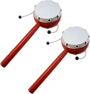 Yardwe 2pcs Creative Drum Rattle Drum Two Sided Sheepskin Hand Bell Wooden for Boy Girl White Painted Surface Safe Engaging Sound for Development