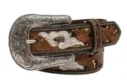 Nocona Western Girls Belt Youth Leather Flower Leopard Print Underlay Brown