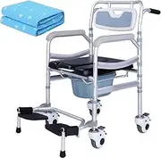 Portable Toilet Shower Chair Wheeled Commode Chair for Adults Bedside Commode with Footrests 4 Wheel Brakes(360°) with Washable Bed Pads with Built in Toilet