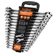 15PC Metric Spanner Ring Set SAE Open End Wrench Heavy Duty CRV with Rack 8-22mm