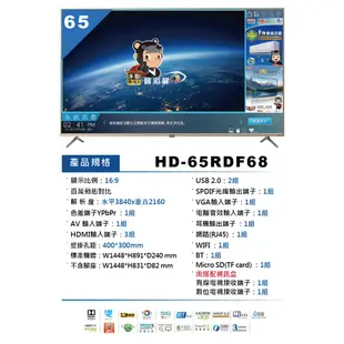 【禾聯 HERAN】 65型 4K智慧聯網 5G 聲控電視 HD-65RDF68