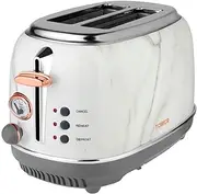 [Tower] Bottega T20016WMRG 2 Slice Stainless Steel Toaster with Adjustable Browning Control, Defrost and Reheat Settings, White Marble and Rose Gold