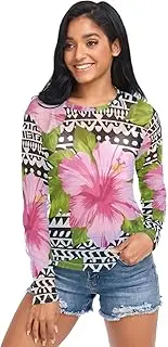 [RPLIFE] Hibiscus Pink Flowers Black White Womens Mesh Long Sleeve Top, Sheer Mesh Top S-XXL