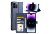 For Apple iPhone 14 Pro Max Case RFID Blocking Retro Flip Premium Leather Card Holder Wallet Cover (Navy Blue)