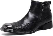 [Generic] Ankle Boot for Men High Top Boot Slip On StyleGenuine Leather Wingtip Double Zipper Metal Square Toe Block Heel Men's Leather Shoes
