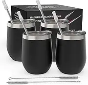 Stainless Steel Stemless Wine Glass Tumbler 4 Pack 12 oz | Double Wall Vacuum Insulated Wine Tumbler with Lids and Straws Set of Four for Coffee, Wine, Cocktails, Ice Cream | Powder Coated Black