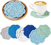 Doilies Crochet Coasters Set of 12 Cotton Lace Round Handmade Vintage Coasters with Bamboo Stroage Basket for Drinks Cups Dresser Runners Placemats Plant Mats for Autumn Wedding Tea Party (Blue)
