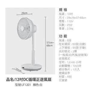 【ARTISAN 奧堤森】 12吋DC順/逆循環風扇 LF1201 DC循環正逆風扇 循環扇 蝦幣5%回饋