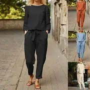 Women's Fashion Streetwear Cotton Linen Sets Two Piece Sets T Shirt Linen Pants Pants Trousers Long Sleeve Round Neck Plain Drawstring Daily Wear Date Black Sk