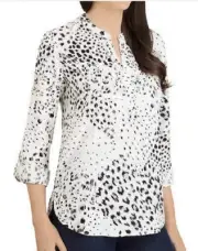 Hilary Radley Women`s Roll Sleeve V-Neck Blouse(Off White/Black,Large)