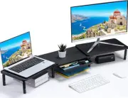 Dual Monitor Stand, Dual Monitor Riser for 2 Monitors with Storage Drawer