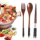 Style Cutlery Set Handmade Wooden Cloth Bag Natural Spoon Fork Chopsticks
