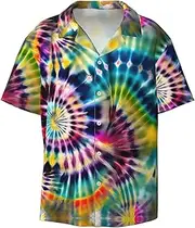 [HVTTIOR] Exotic Tribe Tie Dye Style Print Short Sleeve Shirt Cuban Collar Beach Casual Style Summer Vacation Relaxed Fit