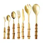 New 7X Bamboo Handle Stainless Steel Cutlery Set Knives Fork Spoon Tableware AU