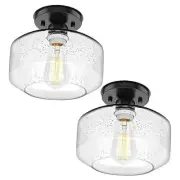 2-Pack Industrial Semi Flush Mount Ceiling Light, Black Light Seeded Glass